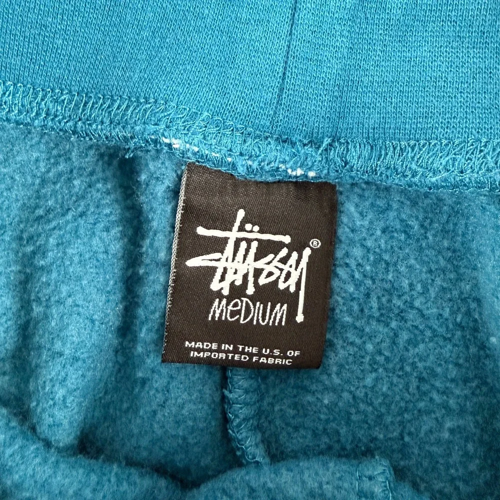 Stussy Sweat Shorts Mens M Blue Teal Fleece Drawstring Pocket Casual Made in USA - Picture 2 of 9
